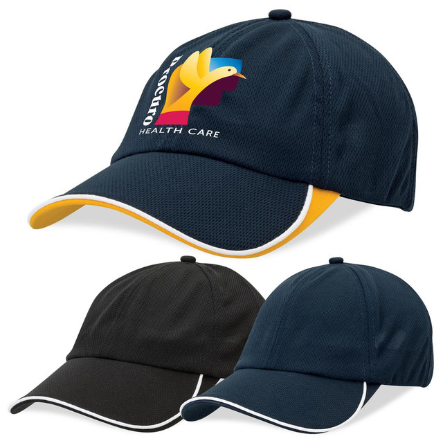 A collection of three caps in navy, black, and a navy cap with yellow accents, featuring a logo.
