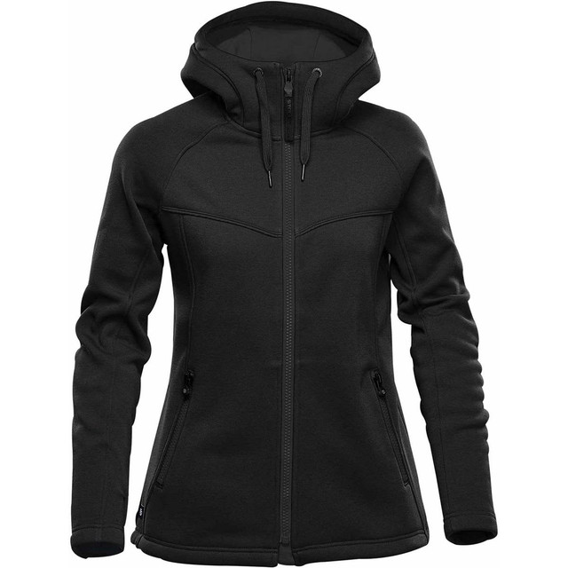 A black women's hoodie with a zip front and adjustable hood, featuring zippered side pockets and a branded logo.