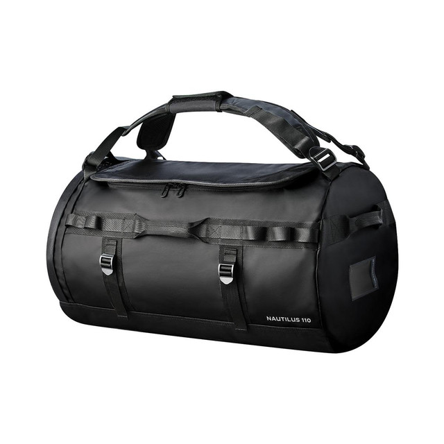 A black waterproof duffle bag with adjustable straps and a logo, featuring a cylindrical shape and sturdy handles.