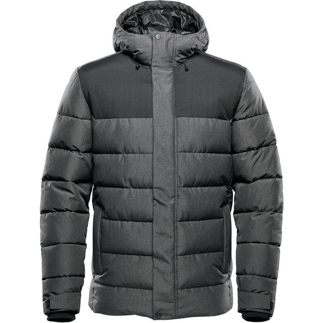 A dark grey men's parka jacket with a hood, featuring a quilted design and contrasting shoulder panels.