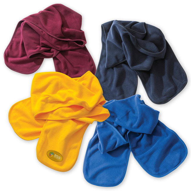 A collection of polar fleece scarves in maroon, navy, yellow, and blue, featuring a logo on one.