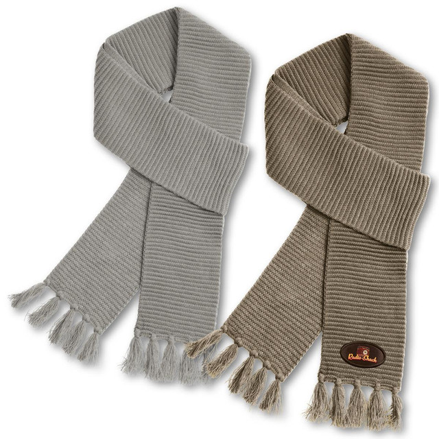 A pair of Ruga Knit Scarves in light grey and olive green, featuring a branded logo and fringed ends.
