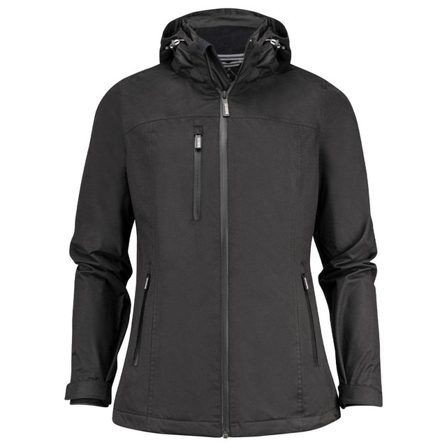 A black women's rain jacket featuring a hood and zippered pockets, with an additional logo on the design.