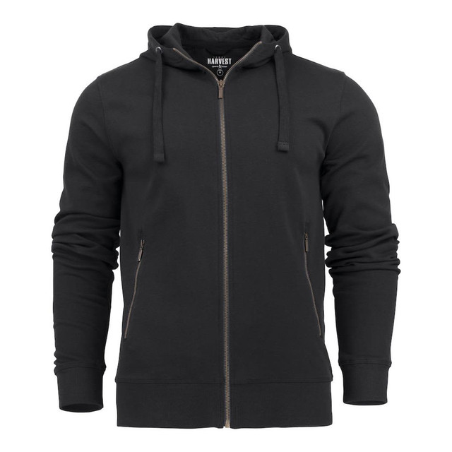 A black zip-up men's hoodie featuring a hood and side pockets, with a logo on the inside neck.