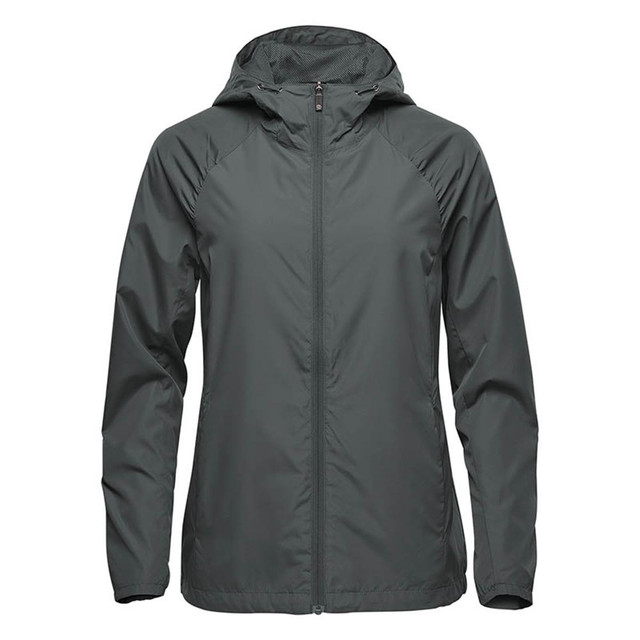 A women's wind jacket in dark green, featuring a hood and a front zipper. It has a logo on it.