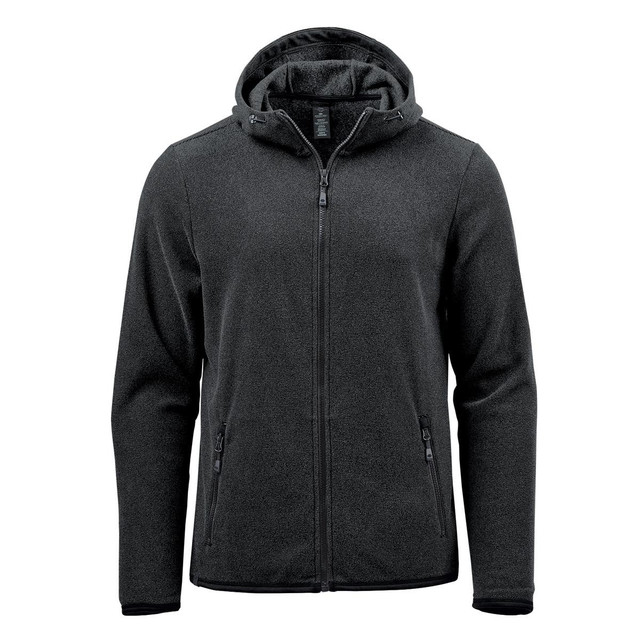 A men's full zip hoody in dark grey, featuring a hood and side pockets, with a logo on the chest.