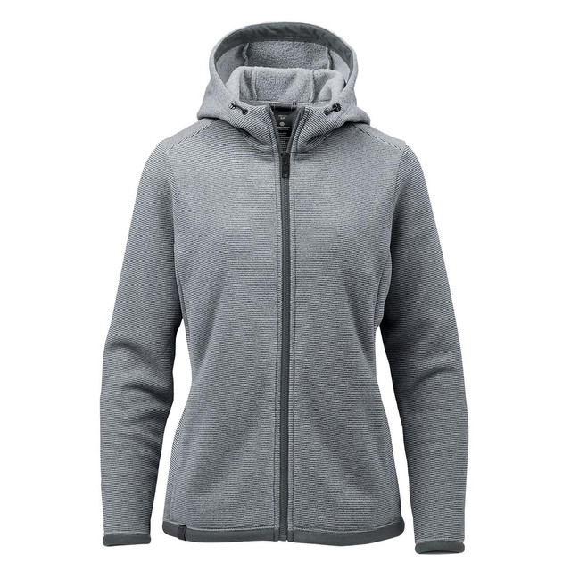A women's grey fleece hoody with a zip front, hood, and long sleeves, featuring a branding logo.