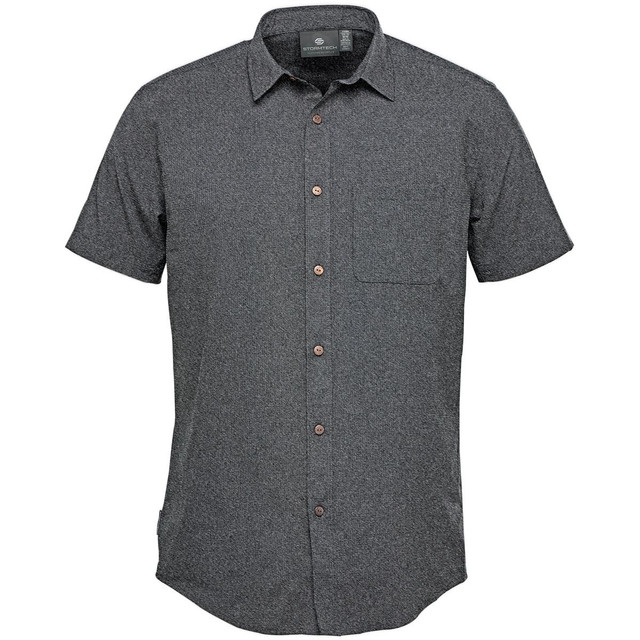 A short-sleeve, button-up shirt in a dark grey colour with a single chest pocket and branded label.