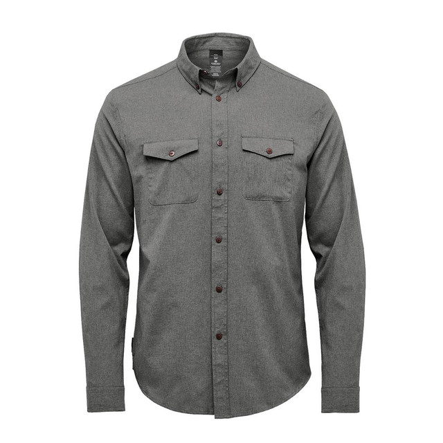 A green long-sleeve men's shirt with buttoned chest pockets and a collar, featuring a logo.