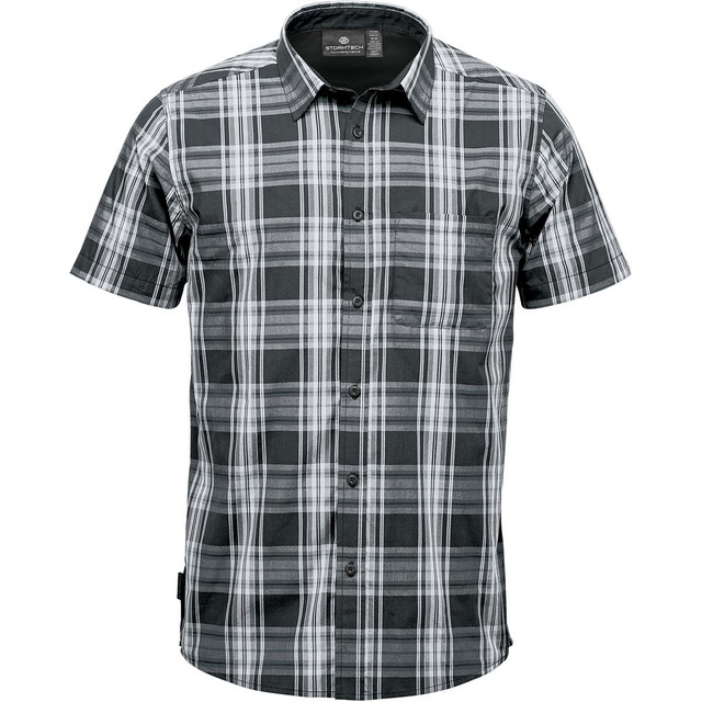 A short-sleeved button-up shirt in a black and white plaid pattern, featuring a pocket and a logo.