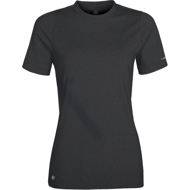 A short-sleeved women's t-shirt in dark grey with a logo on one sleeve.