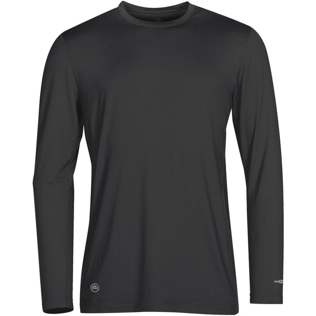 A long-sleeve men's T-shirt in black with a logo on the hem. Made from moisture-wicking fabric.