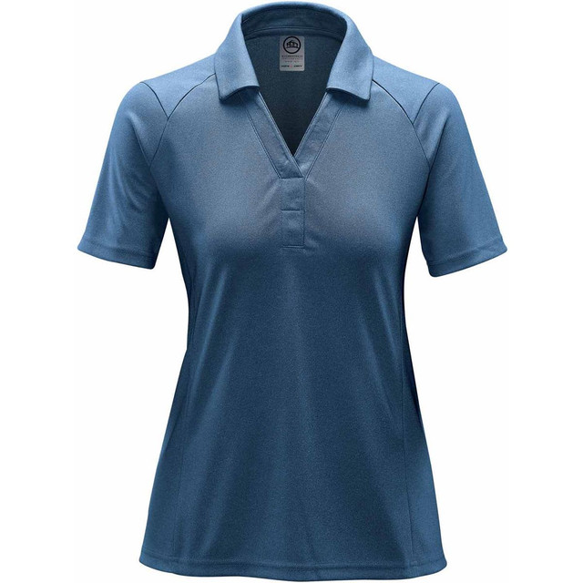 A women's polo shirt in a heathered blue colour, featuring a collar and short sleeves. It has a logo on the chest.