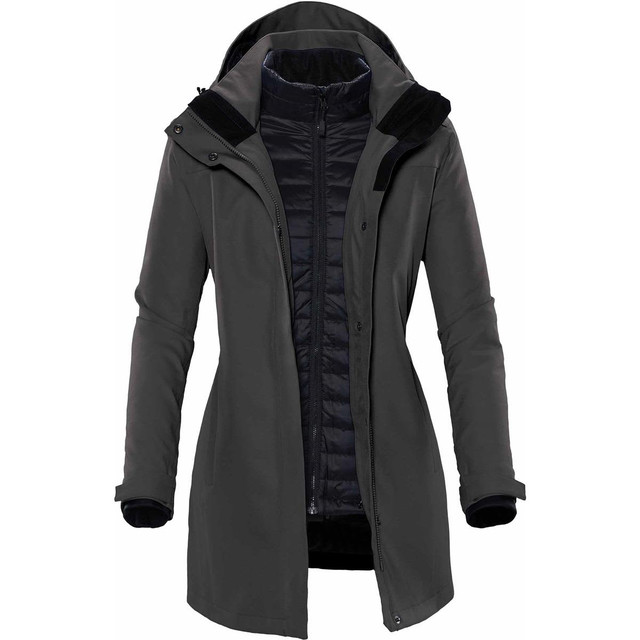 A dark grey women's jacket features a detachable hood and a quilted inner lining, with an attached logo.