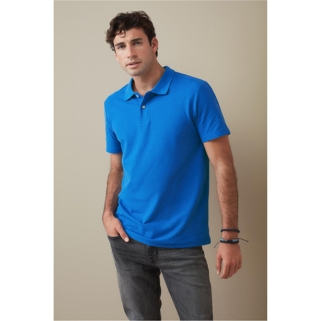 A blue heavyweight polo shirt for men, displayed on a model against a neutral background. The shirt features a logo.