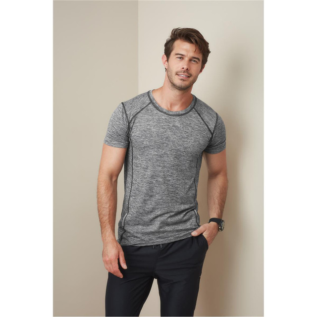 A grey marled men's T-shirt with contrasting seams, featuring a logo on the chest, paired with black trousers.