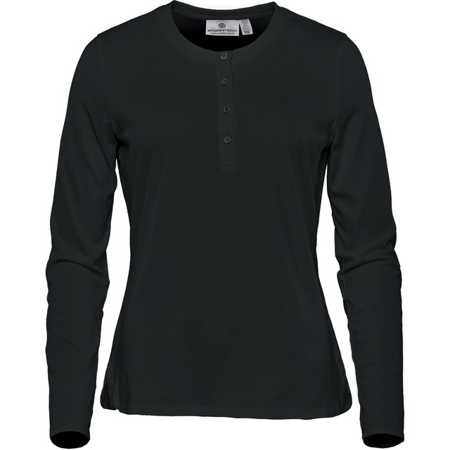 A women's long-sleeve henley shirt in dark green, featuring a buttoned neckline and a fitted design.