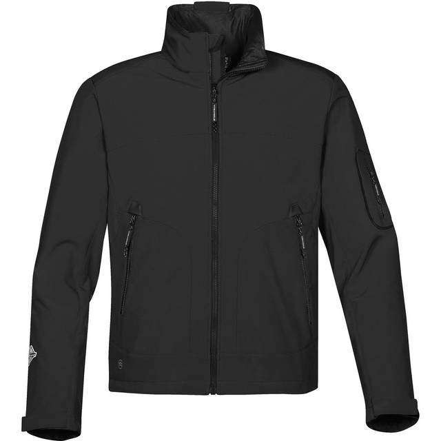 A black men's softshell jacket featuring a high collar and multiple zippered pockets, with a logo on the sleeve.