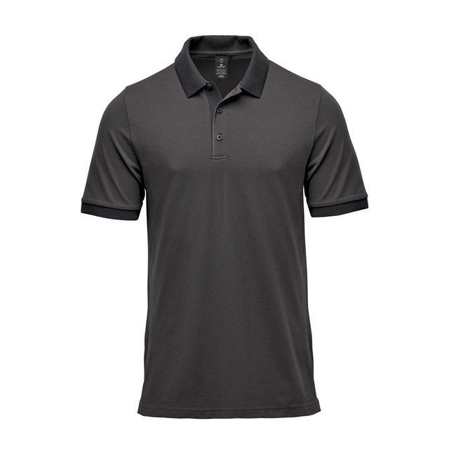 A men's polo shirt in dark grey with a contrasting black collar and sleeve hems. It features a small logo.