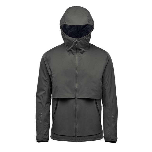 A men's technical rain jacket in dark grey, featuring a hood and a zip front, with a logo detail.