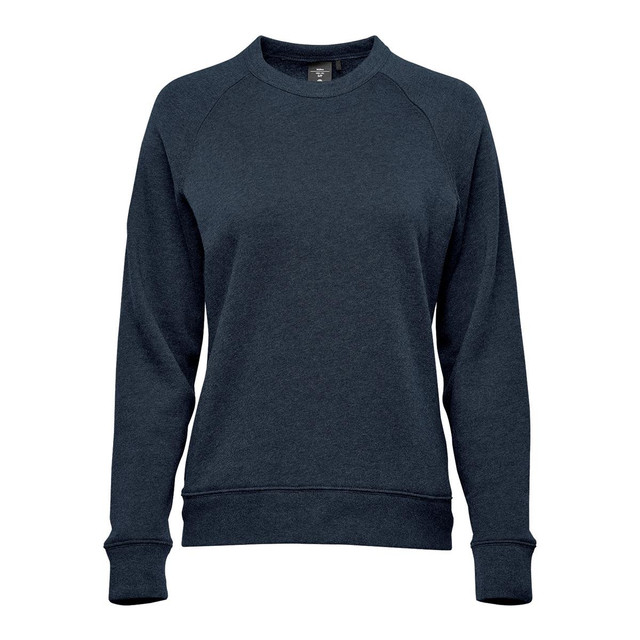A women's crew neck fleece jumper in navy blue with long sleeves and a snug fit. Features a logo on the front.