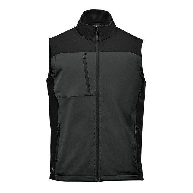 A men's softshell vest in green and black, featuring a zip front and side pockets, with a logo.