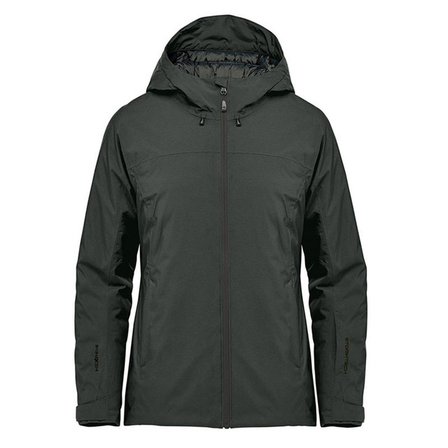 A women's thermal shell jacket in dark green, featuring a hood and a logo on the sleeve.