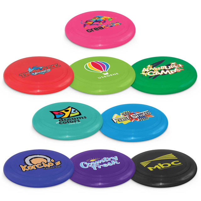 A set of colourful frisbees in various shades including pink, green, blue, and purple, each featuring different logos.