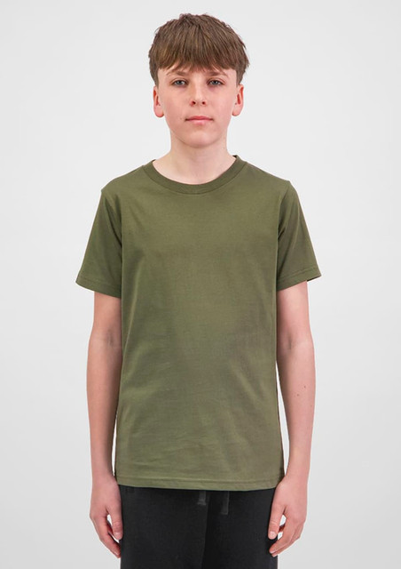 A short sleeve tee in olive green, featuring a classic cut and a plain design, displayed on a model.