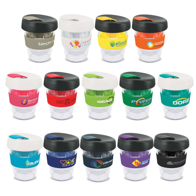 A range of reusable coffee cups in various colours, each with a band and a logo. The cups have black lids.