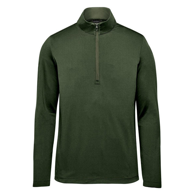 A green men's 1/4 zip pullover with long sleeves and a high collar. It features a small logo on the chest.