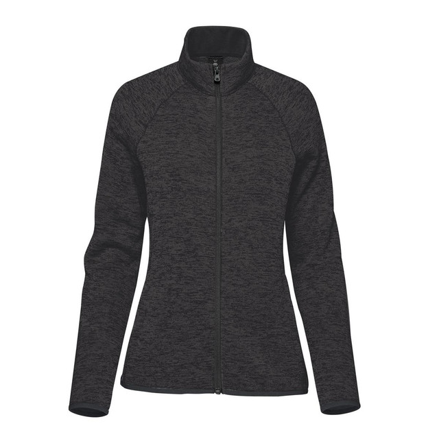 A women's full zip fleece jacket in black, featuring a fitted design and a stand-up collar. Includes a logo.