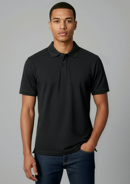 A black short sleeve polo shirt for men, featuring a classic collar and a logo on the chest.