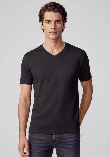 A black short sleeve tee featuring a v-neck design. The model is wearing it with slim-fit jeans.