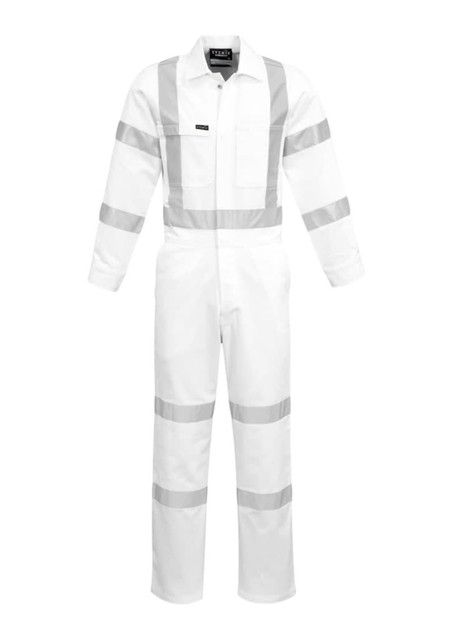 A white overall featuring reflective stripes, complete with a front zip and pockets, designed for men.