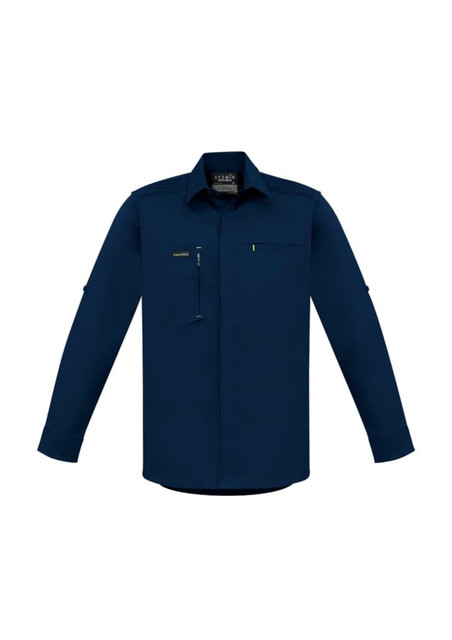 A navy long-sleeve stretch shirt with a chest pocket and branding. Suitable for workwear use.