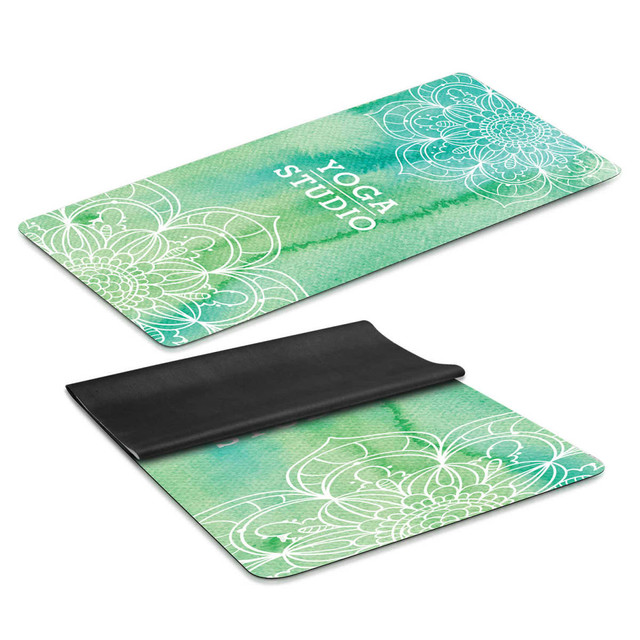 A yoga mat in shades of green, featuring a floral pattern and a black underside, with a logo prominently displayed.