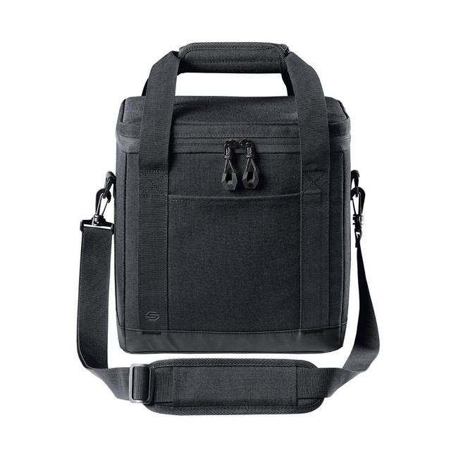 A black cooler bag with a zippered front pocket, short handles, and an adjustable shoulder strap. It has a logo.
