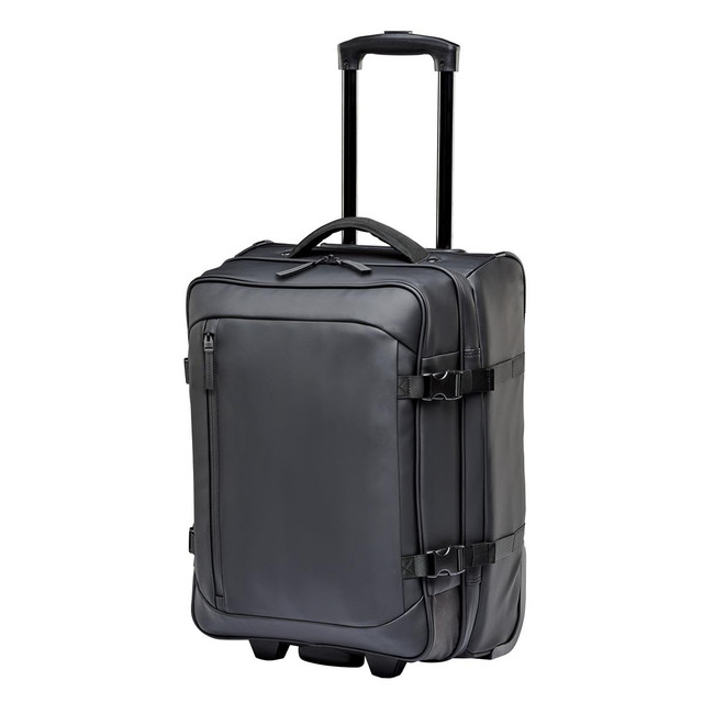 A black wheeled carry-on suitcase with a retractable handle and side straps, featuring a logo on the front.