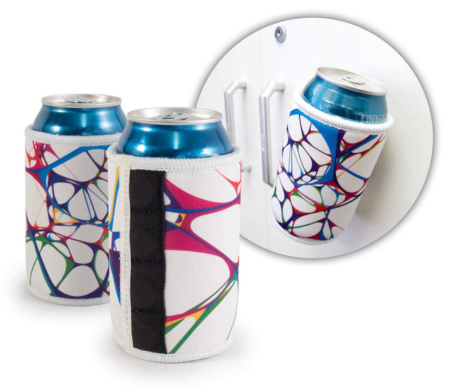 A drink can cooler featuring a colourful abstract design, with a magnetic side for attachment.