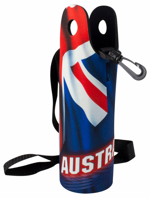 A drink bottle cooler featuring a vibrant Australian flag design, with a strap and a hook for attachment.