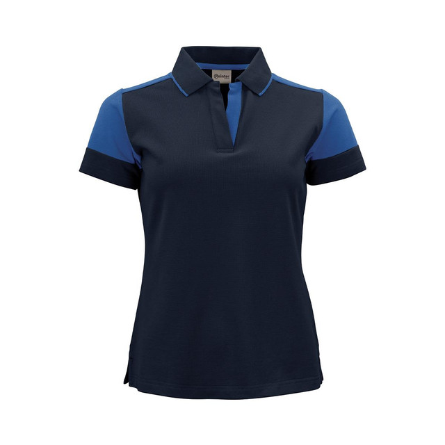 A women's polo shirt in navy with blue accents, featuring a collared neckline and a logo.