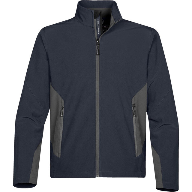 Men's softshell jacket in dark navy with contrasting grey panels, featuring zippered pockets and a high collar.