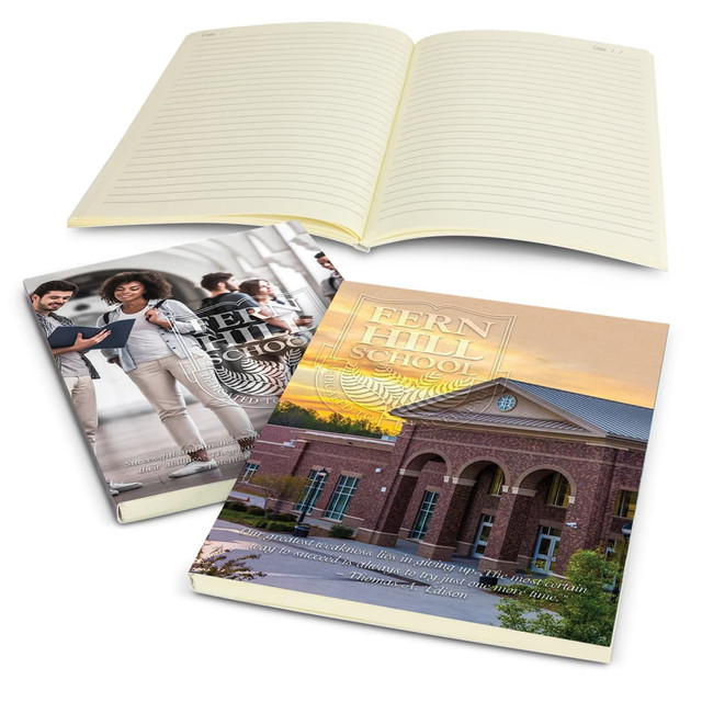 A Chorus Notebook in a colourful cover with a logo, featuring lined pages and displayed alongside two additional notebooks.