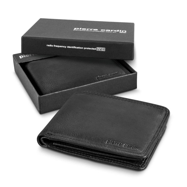A black leather wallet in an open position, placed inside a black box. The wallet features a branding logo.