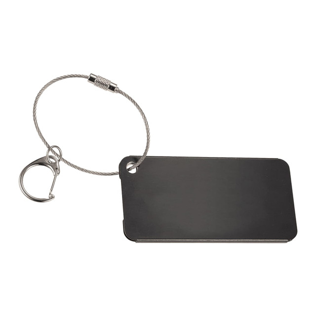 A black aluminium identification tag with a keyring, featuring a smooth surface and rounded edges.