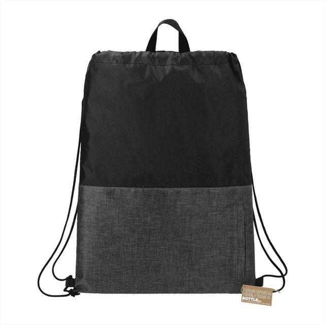 A recycled drawstring bag in black and grey, featuring a drawstring closure and a loop for hanging. It has a logo.