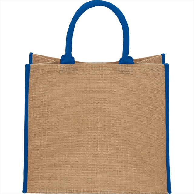 A large jute tote bag in natural brown with blue handles, featuring a logo on the front.