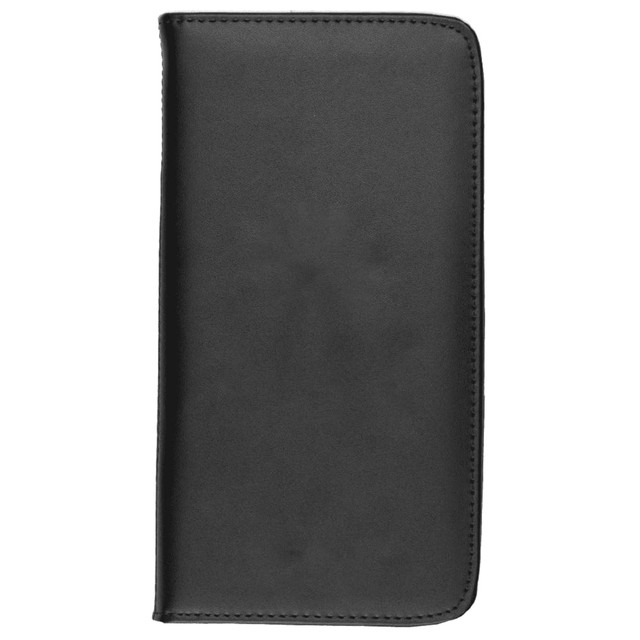 A black leather travel wallet with a smooth finish and a subtle logo.