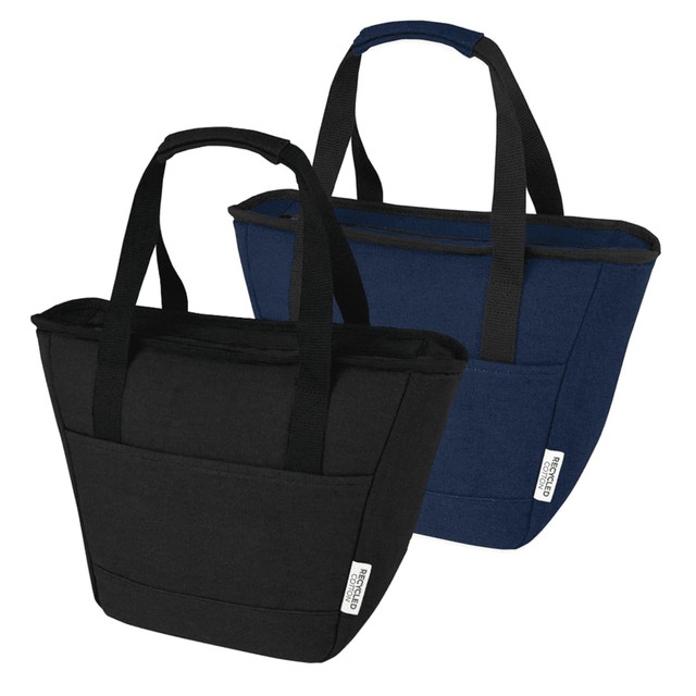 A drink bottle and cooler tote in black and navy blue, featuring two sturdy handles and a branding logo.